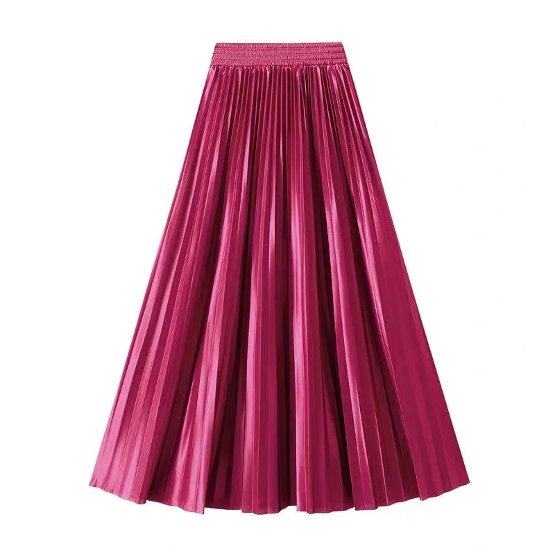 High Waist Satin Pleated Skirt 1 Meter Long Floor Length Pearl Glitter A- Line Umbrella Half Body Skirts Polyester Fiber