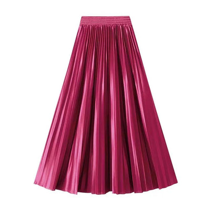 High Waist Satin Pleated Skirt 1 Meter Long Floor Length Pearl Glitter A- Line Umbrella Half Body Skirts Polyester Fiber
