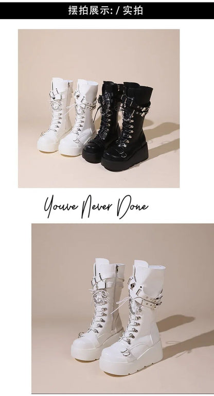 Platform Boots Riveted Buckle Wedges High Women's Boots Punk Spice Chic Biker Rider Boots