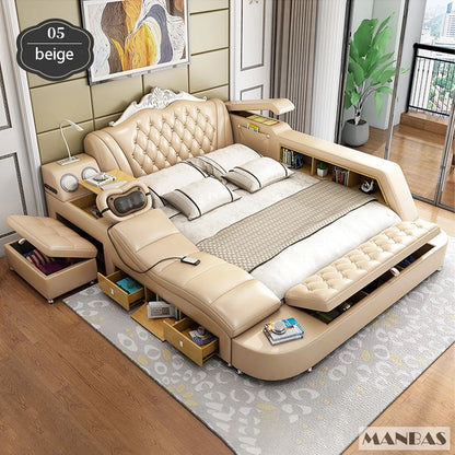 MANBAS Ultimate Bed Frame Tech Smart Multifunctional Bed with Genuine Leather, Massage, USB, Bluetooth Speaker, Tatami & Safe
