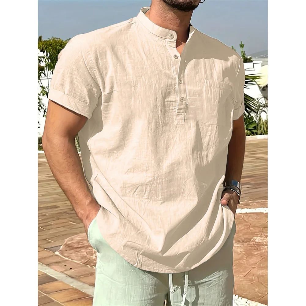 Summer Hot Sale Men's Cotton Linen T-shirt Henley Neck Casual Breathable Lightweight Solid Color Pocket Fashion Button Tops