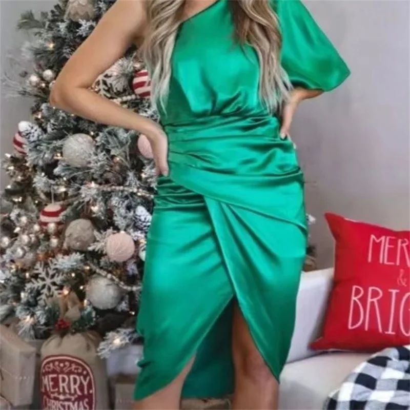 Elegant High-end Feel Women's Evening Dress Solid Color Irregular Midwaist Cross