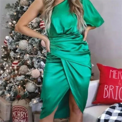 Elegant High-end Feel Women's Evening Dress Solid Color Irregular Midwaist Cross