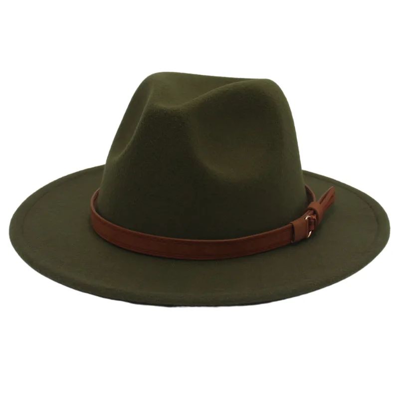 Classic Brown Belt Women Fedora Hats Autumn Winter Gentleman Jazz Felt Hat For Men Retro Church Lady Flat Wide Brim Dress Hat