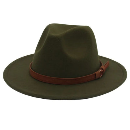Classic Brown Belt Women Fedora Hats Autumn Winter Gentleman Jazz Felt Hat For Men Retro Church Lady Flat Wide Brim Dress Hat