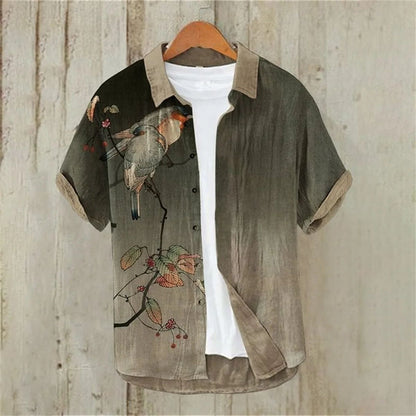 Men's Japanese Text Art 3D Printing Short Sleeved Shirt, Lapel Cardigan, Linen Bamboo knot, Cotton Button, Loose Hawaiian Shirt