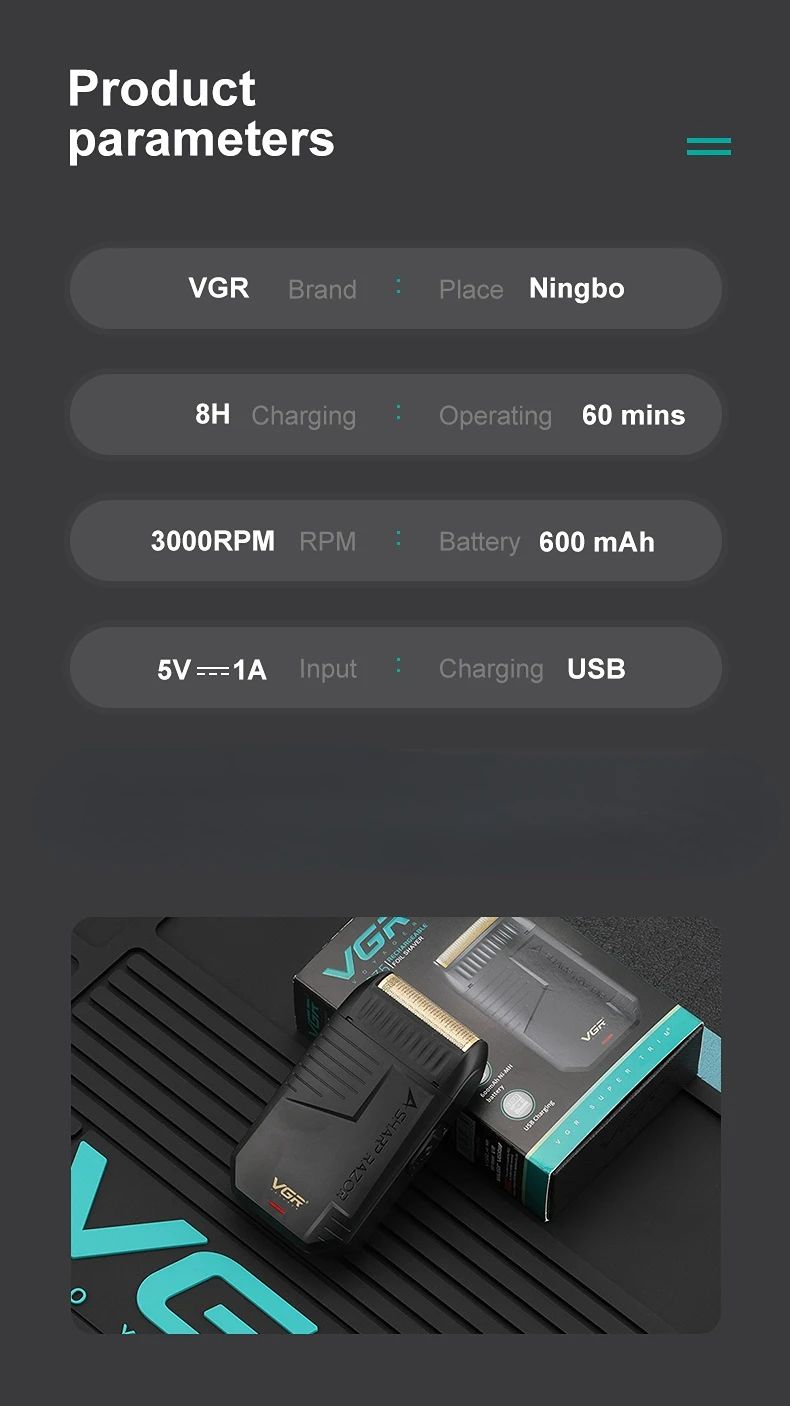 VGR Electric Shaver Professional Beard Trimmer Rechargeable Razors Foil Shaver Reciprocating Mini Shaving Machine for Man V-375