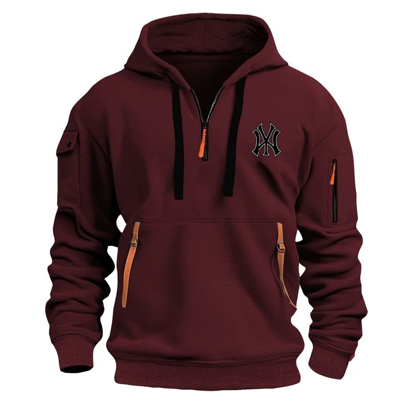 Autumn Long-sleeved Hooded Pullover Men's Zippered Pocket Sweatshirt, Drawstring Sports Men's Casual Hooded Sweatshirt
