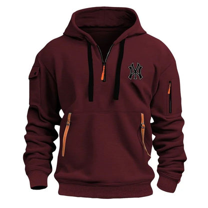 Autumn Long-sleeved Hooded Pullover Men's Zippered Pocket Sweatshirt, Drawstring Sports Men's Casual Hooded Sweatshirt