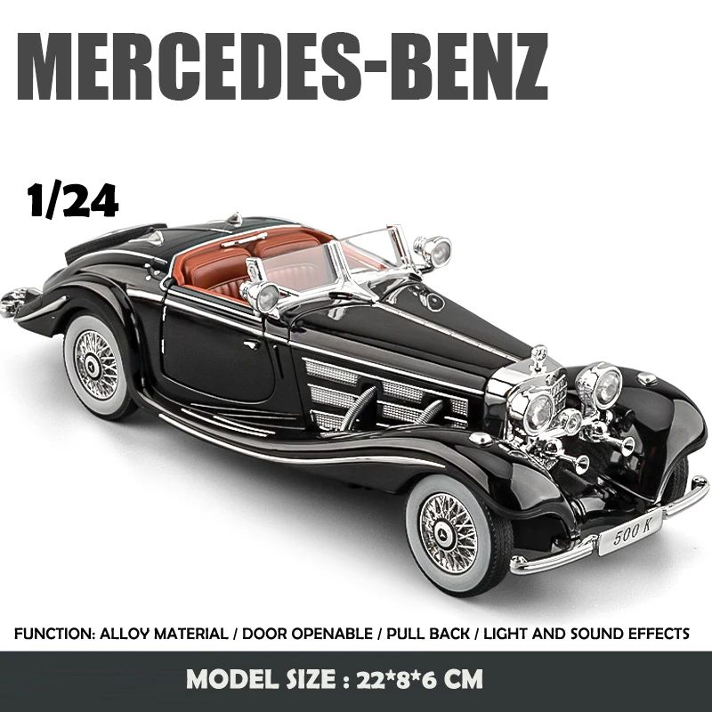 Simulação 1/24 Escala Benz 500K 1936 Clássico Modelo Carro Vintage Com Caixa de Exibição Presente de Aniversário Menino Coleção Miniatura Carro