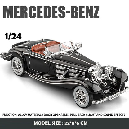 Simulação 1/24 Escala Benz 500K 1936 Clássico Modelo Carro Vintage Com Caixa de Exibição Presente de Aniversário Menino Coleção Miniatura Carro