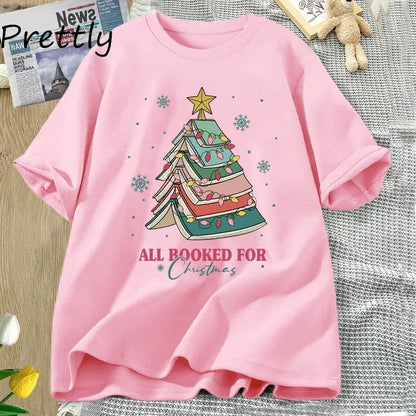 Book Tree Christmas T Shirt All Booked for Christmas T-shirt for Book Lover Librarian Teachers Tees Bookish Cotton Tshirt