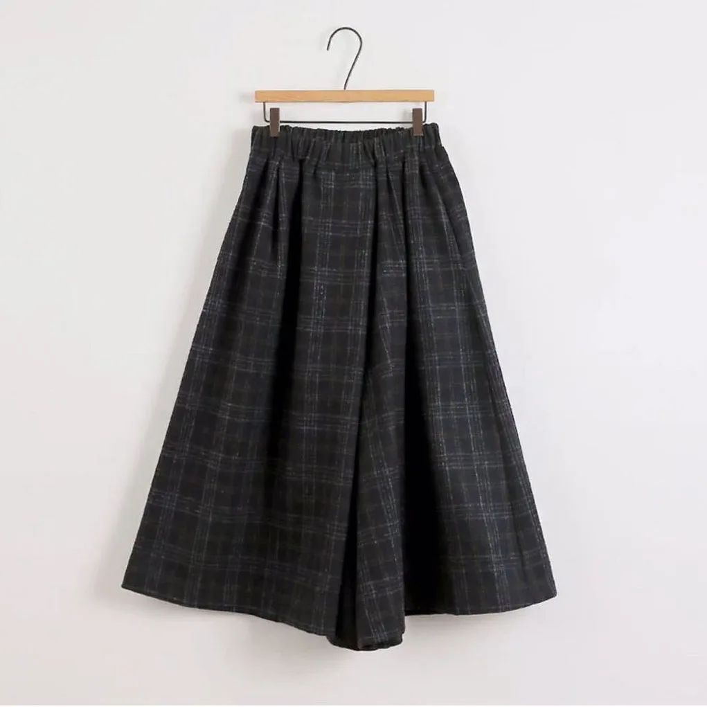 Women Elastic High Waist Woolen Pants Autumn Winter New Plaid Wool Wide Leg Pants Female Casual Loose Ankle-Length Skirts Pants