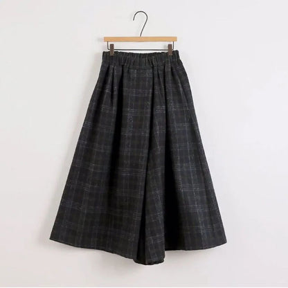 Women Elastic High Waist Woolen Pants Autumn Winter New Plaid Wool Wide Leg Pants Female Casual Loose Ankle-Length Skirts Pants