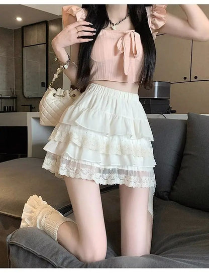 JOEVILU White Tutu Skirt A-line Elastic High Waist Mini Skirts Short Lace Cake Skirt Thin Summer Korean Fashion Goth Y2k Clothes