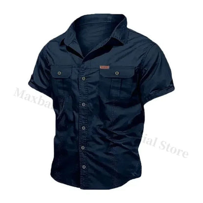 New Men's Work Shirt Casual Retro 100% Cotton Short Sleeve Flying Cargo Shirt Men's Summer Fishing Hunting Multi Pocket Shirt