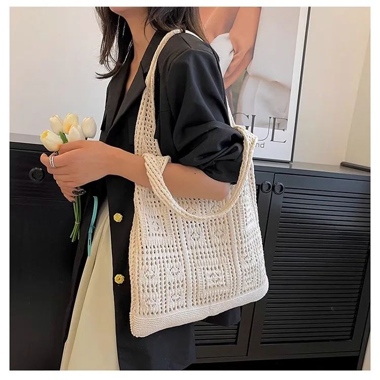 Bohemian Crochet Tote Bag for Women Handwoven Macrame Shoulder Bag with Hollow Knit Design Elegant Christmas Gift for Her, Beach