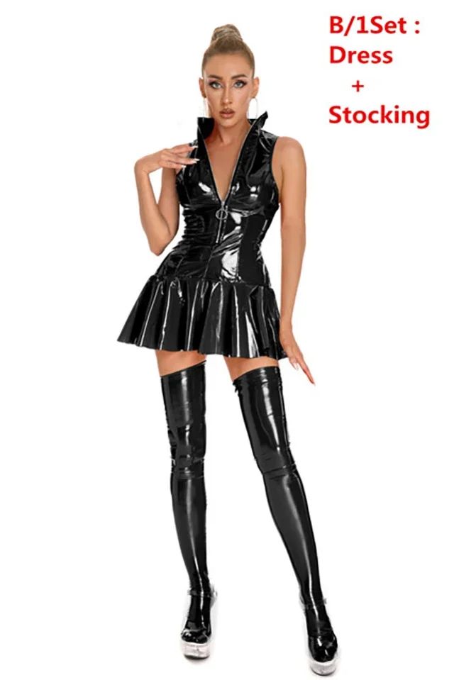 Women's Leather Dress Plus Size Women Sexy Shiny PVC Latex Mini Skirt With Gloves And Stocking Pole Dance Pleated Latex Dress
