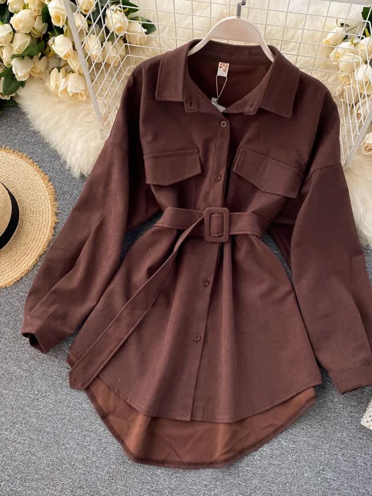 Women Spring Autumn Shirts Retro Cargo Style Pockets Long-Sleeved Shirt Puff Sleeve Bandage Nipped Waist Tops Female PL438