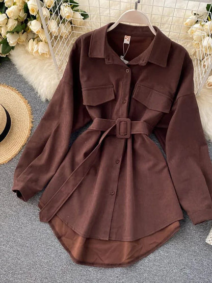 Women Spring Autumn Shirts Retro Cargo Style Pockets Long-Sleeved Shirt Puff Sleeve Bandage Nipped Waist Tops Female PL438