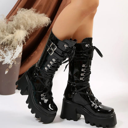 Winter 2024 New Women's Fashion Mid Tube Boots Lace Up High Platform Wedge Boots New Women's Fashion Solid Color Boots