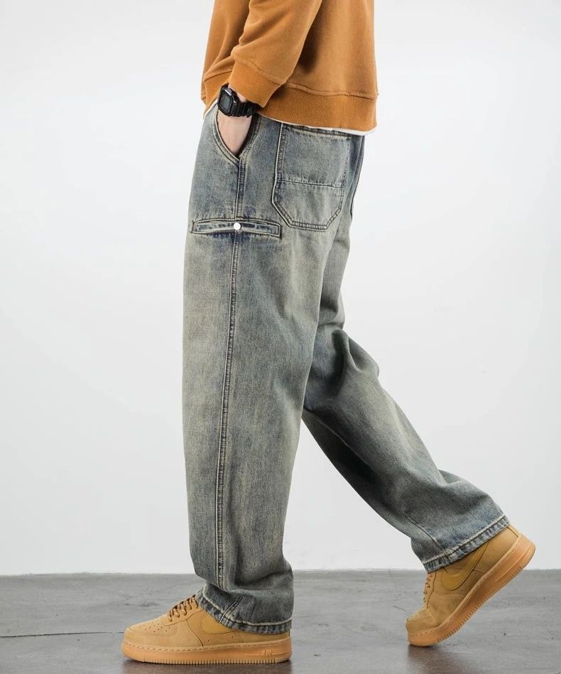 Calça Jeans Masculina Retrô Cargo Reta Cowboy Punk Lavada Grife Luxuosa Tendência 2025 Y2k Vintage Estilo Coreano Larga