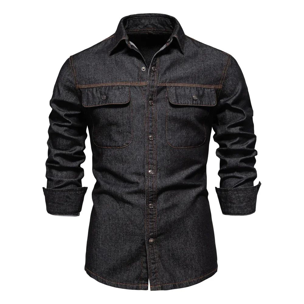 New Autumn 100% Cotton Men's Denim Shirts Solid Color Long Sleeve Cowboy Jean T-Shirt Coat Fashion Casual Fit Shirts for Men