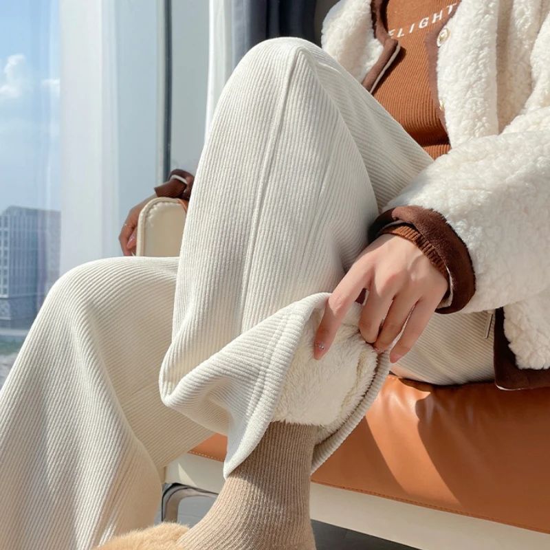 High Waist Warm Trousers Fashion Winter Fleece Thickened Women's Pants Solid Color Loose Elastic Waist Straight Casual Pants