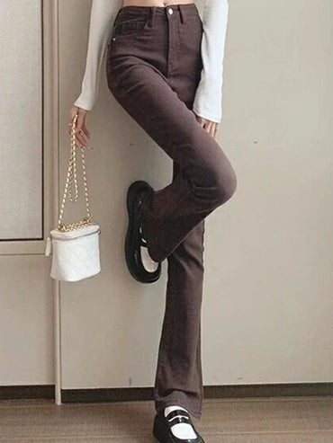 Women Korean Flare Jeans Girls High Waist Elastic Boot Cut Pants Lady Vintage Blue Black Gray Brown Denim Bell Bottom Trousers