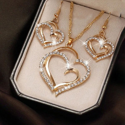 Conjunto de Joias Coração de 3 Peças Brincos Colar com Pingente para Mulheres Conjunto de Joias Duplo Coração de Strass Elegante e Moderno