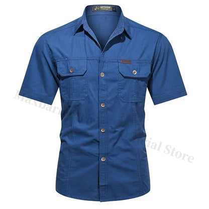 New Men's Work Shirt Casual Retro 100% Cotton Short Sleeve Flying Cargo Shirt Men's Summer Fishing Hunting Multi Pocket Shirt