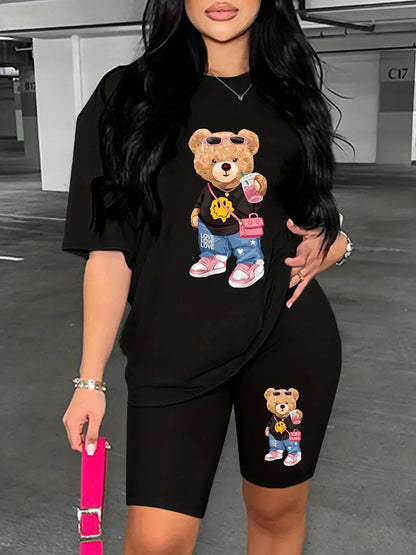 Summer Women's Bear Cartoon Print Casual Loose Round Neck Short Sleeved T-shirt Shorts Two-piece Set