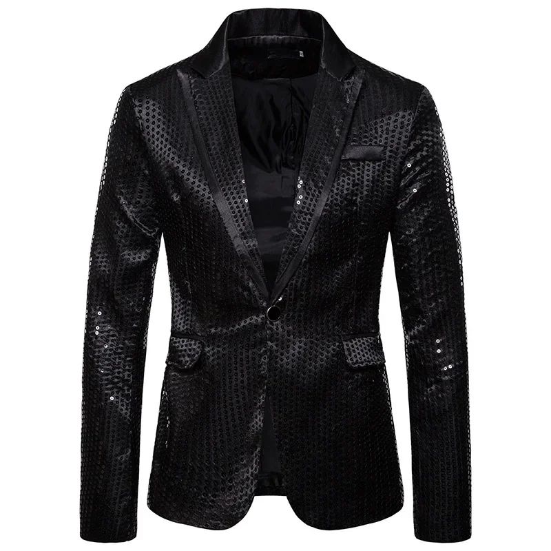 New Fashion Black Sequin Mens Shiny Suit Jacket One Button Blazer For Male Nightclub Singers Stage Dress Blazers Chaqueta Hombre