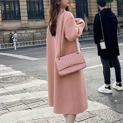 Women Coat Double-Breasted Mid-length Outerwear Lapel Stylish Warm Mid-Length Double Pockets Winter Coat Lady Accessories