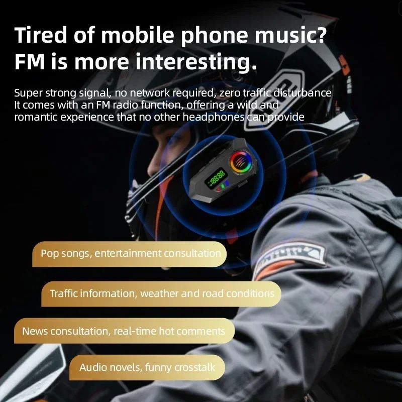 Motorcycle Helmet Headset Bluetooth 6.0 FM Radio Waterproof LCD Display Communication System for Motorbike Riders