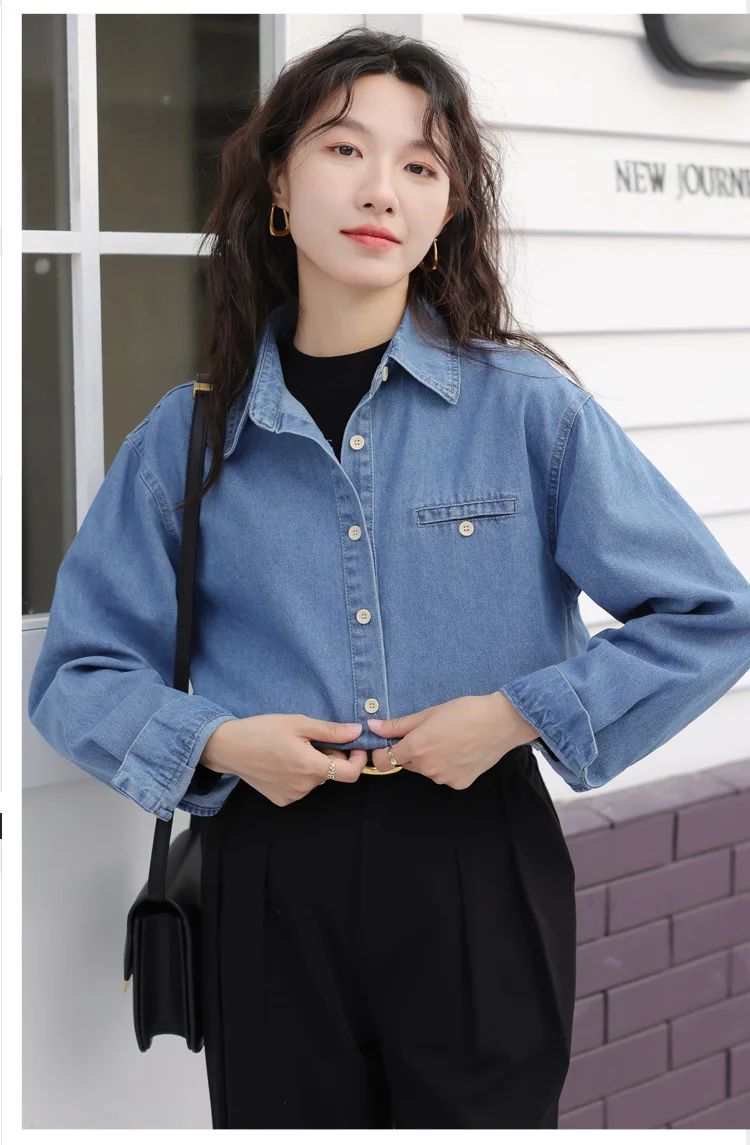 2024 New Vintage Loose-Fit Denim Shirt Women's Petite Top Commuter Jacket Fashionable Through-The-Year Style