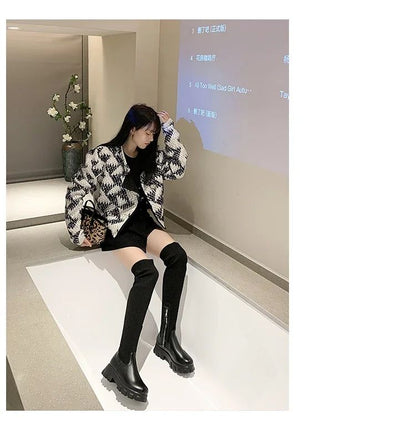 Women's Solid Color Chunky Heel Boots, Stylish Side Zipper Over The Knee Boots, Fashion Platform Long Boots