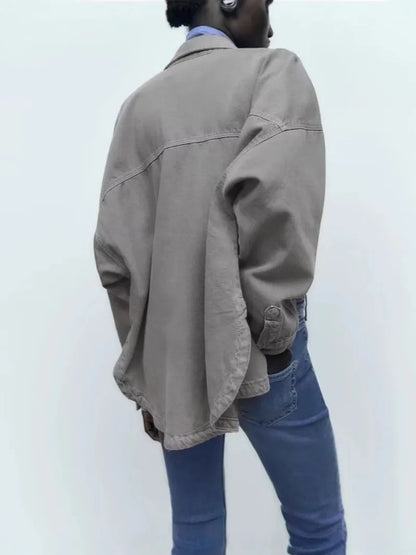 Retro Washed Loose Long Sleeve Women's Denim Shirt Vintage Workwear Style Button up Casual Outerwear from Mainland China