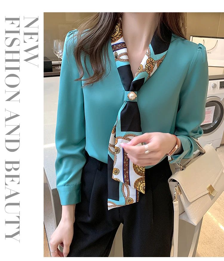 FANAN Elegant Fashion Office Lady Bow Solid Chiffon Shirts Women Clothing New Long Sleeve V-Neck Pullover Top Blouses Female2025