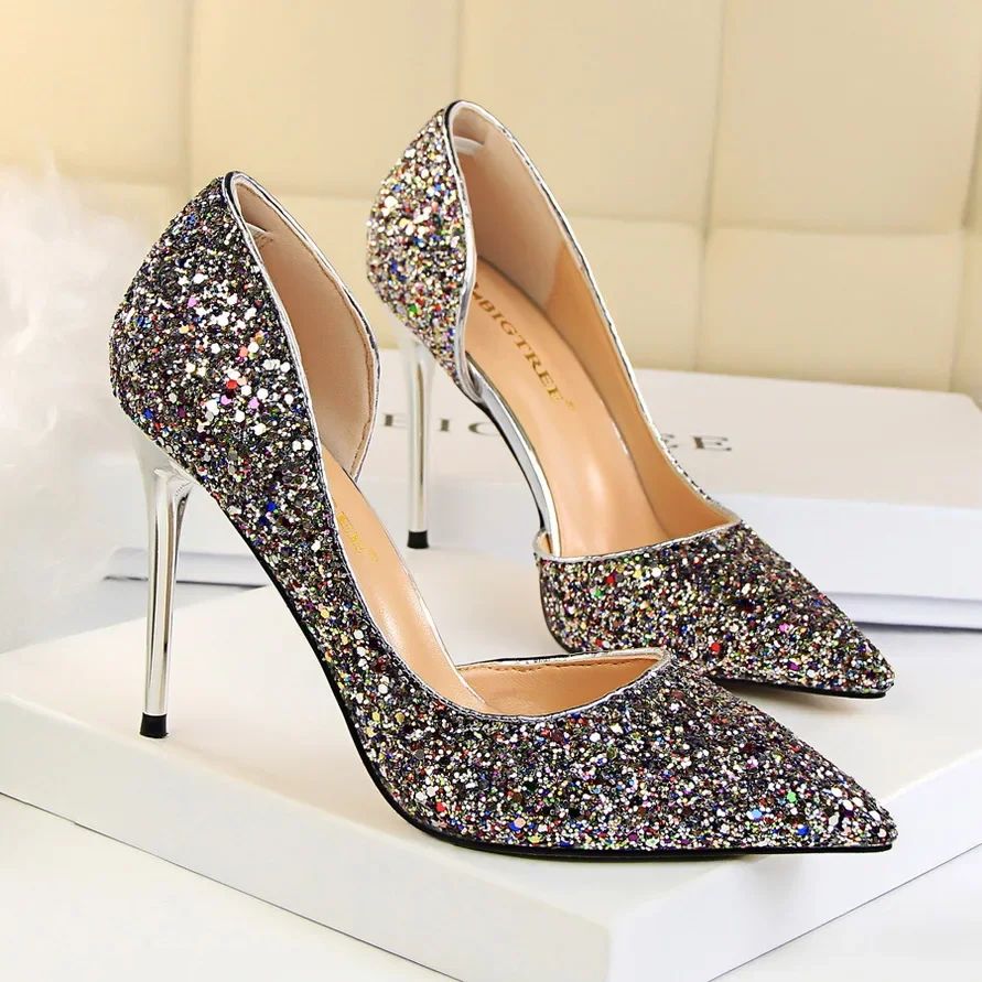 Plus Size 34-43 Women 9.5cm High Heels Stripper  Bling Glod Red Silver Scarpins Pumps Lady Stiletto Wedding Bridal Fetish Shoes