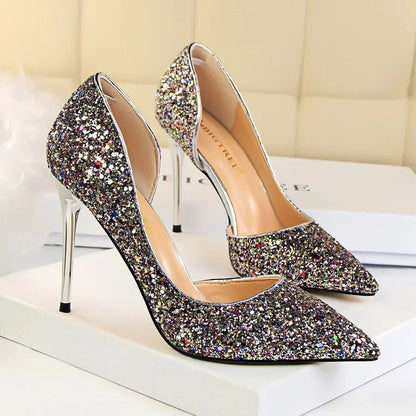 Plus Size 34-43 Women 9.5cm High Heels Stripper  Bling Glod Red Silver Scarpins Pumps Lady Stiletto Wedding Bridal Fetish Shoes