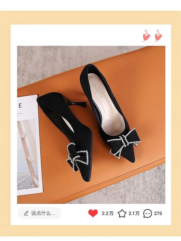 Versatile New Single Shoes Autumn and Winter  Sexy Pointy Rhinestone Black Mature Women's Thin Heels High-heel Zapatos Mujer
