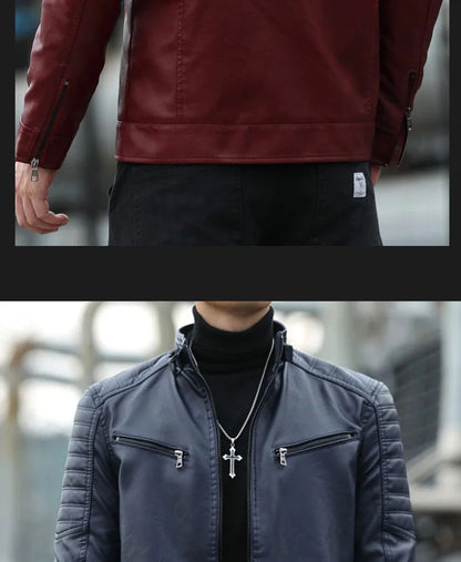 Men's Fleece Lined Biker Jacket Stand Collar Casual Versatile Spring Autumn Leather Coat for Students Fashionable Outerwear