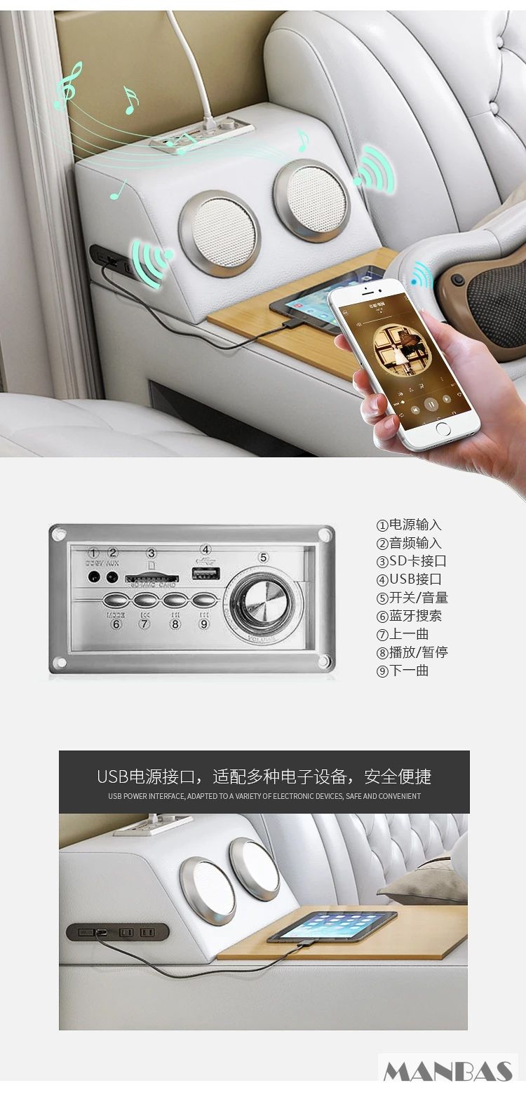 MANBAS Ultimate Bed Frame Tech Smart Multifunctional Bed with Genuine Leather, Massage, USB, Bluetooth Speaker, Tatami & Safe