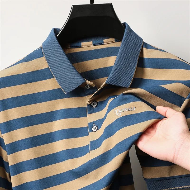 Personalized Striped Color Blocked Men's Short Sleeved Polo Shirt Fashion Brand Exquisite Embossed Summer Casual Collar T-shirt