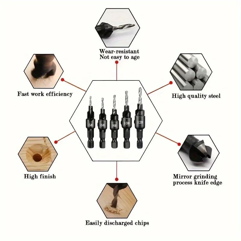 LOCO 5 PEÇAS Broca Escareadora para Madeira e Chanfradora em Uma Peça Cabo Hexagonal Escareador Torcido para Massa Frita