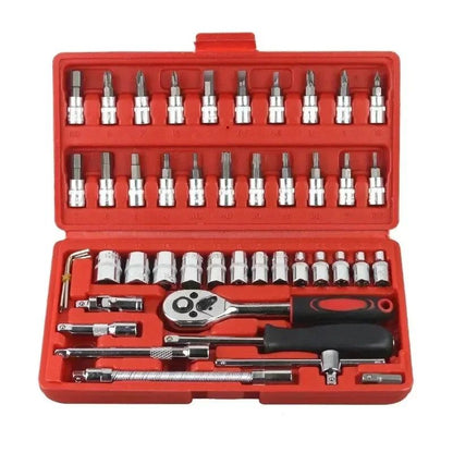 Conjunto de 46 Ferramentas para Reparação Automotiva com Chave Catraca, Chave de Boca, Chave de Fenda e Kit Profissional para Trabalhos em Metal