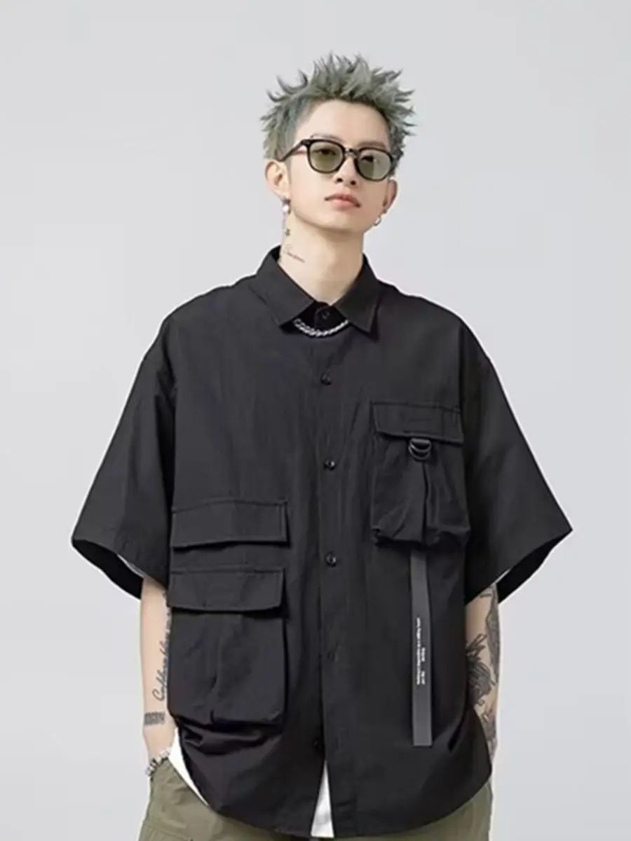 Stylish Y2k Men's Shirts Summer Korean Cargo Shirts for Men Black Multi-Pocket Hip Hop Men Clothing Punk Gothic Streetwear