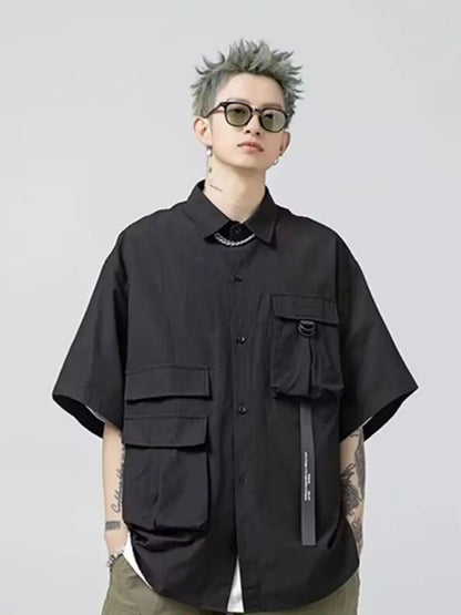 Stylish Y2k Men's Shirts Summer Korean Cargo Shirts for Men Black Multi-Pocket Hip Hop Men Clothing Punk Gothic Streetwear