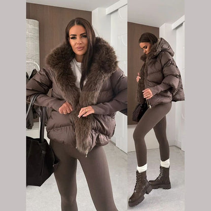 Faux Fur Spliced Hooded Cotton Jackets Women Zipper Long Sleeve Pocket Warm Coats 2025 Winter Fashion Solid Down Jacket New